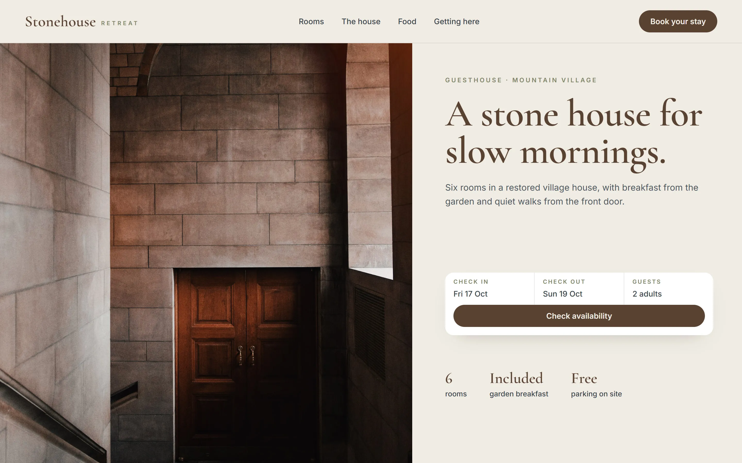 The Stonehouse Retreat homepage with a large photograph of a stone doorway, a short introduction and an availability search.