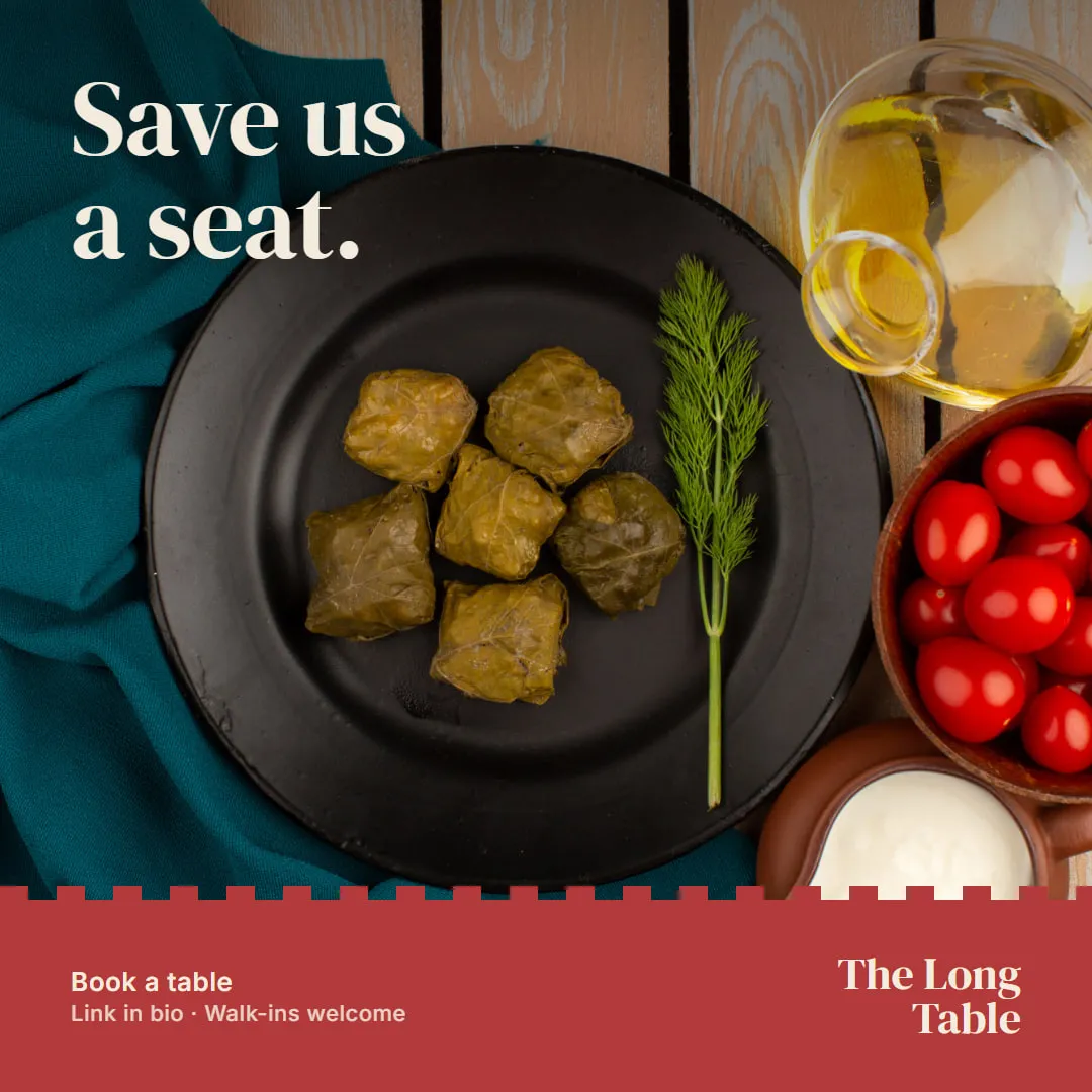 A square post with stuffed vine leaves from above and the headline Save us a seat.