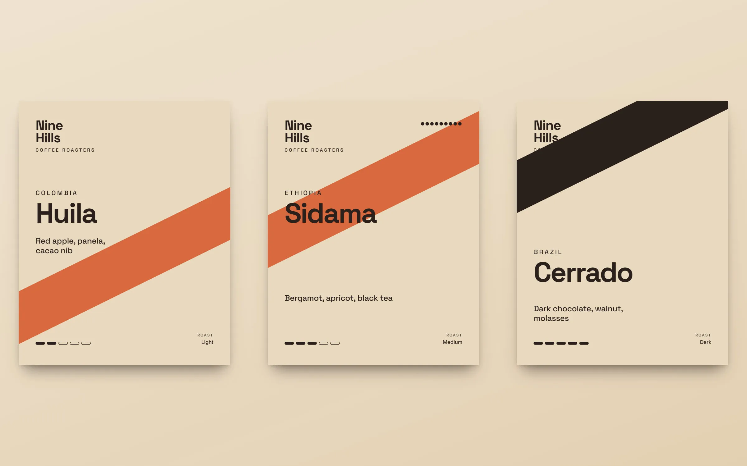 Three sleeves side by side — light, medium and dark roast — with the diagonal band at different heights.