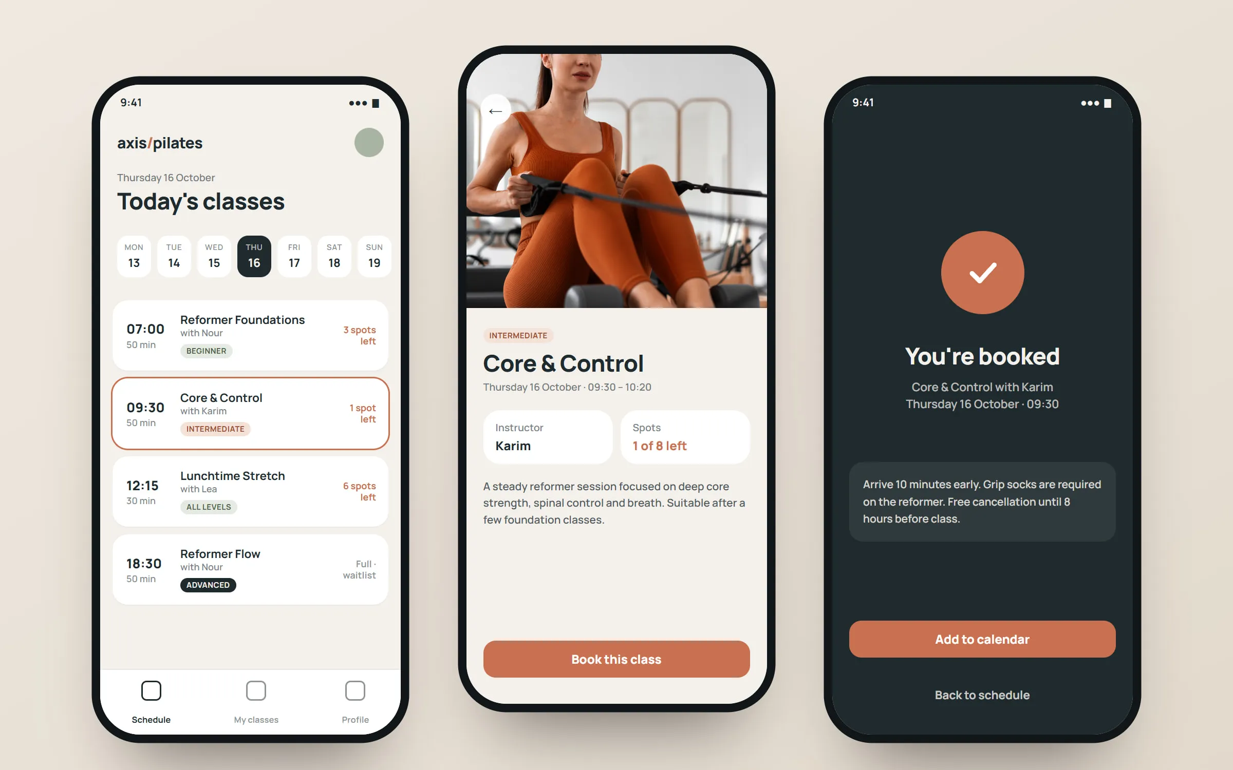 Three app screens side by side — the class schedule, a class detail page and a booking confirmation.