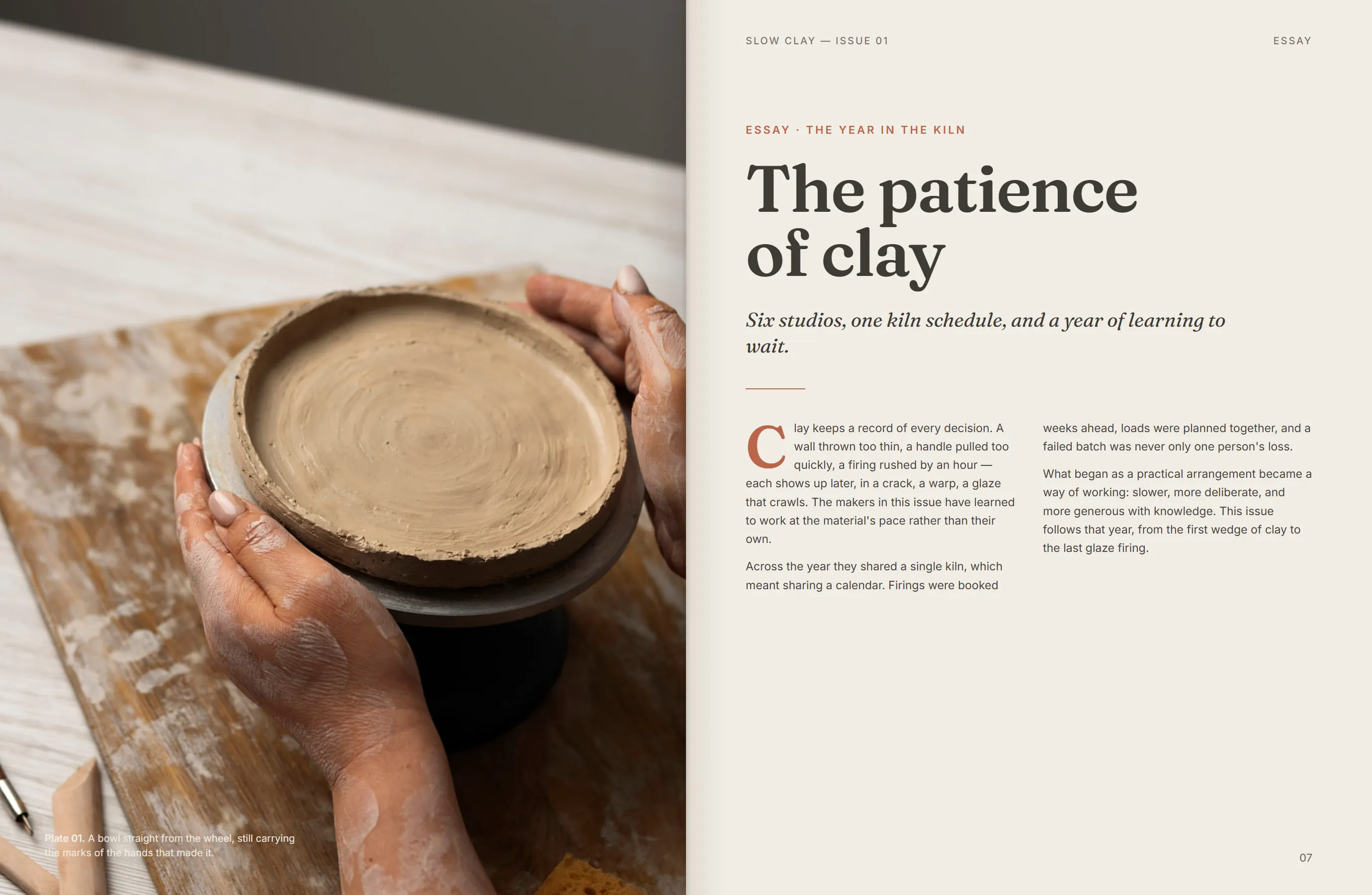 Opening essay spread with a full-bleed photograph on the left and a headline with two columns of text on the right.