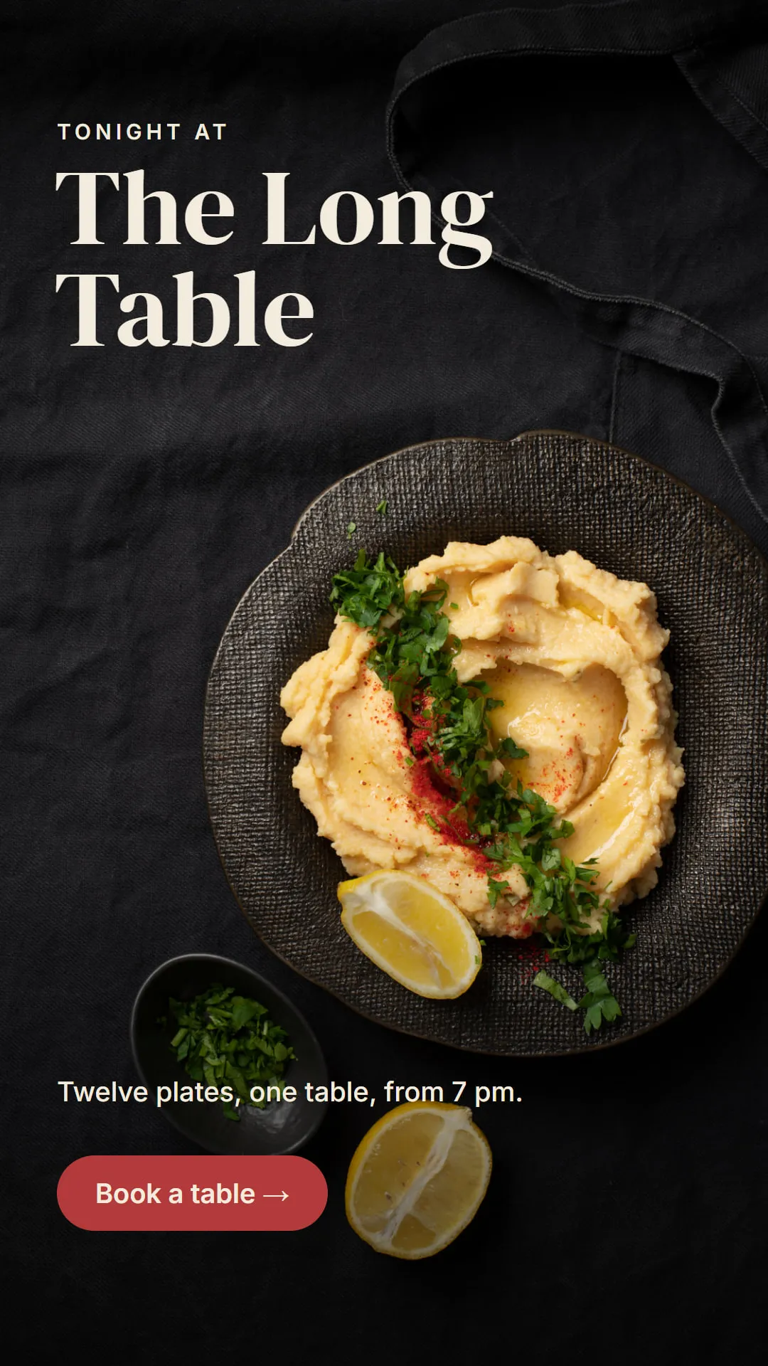 A vertical story with a dish photograph, the headline Tonight at The Long Table and a booking prompt.